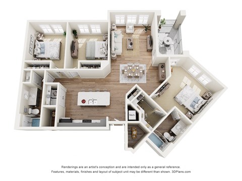 Floor plan for 3 beds, 2 baths, 1387 sqft